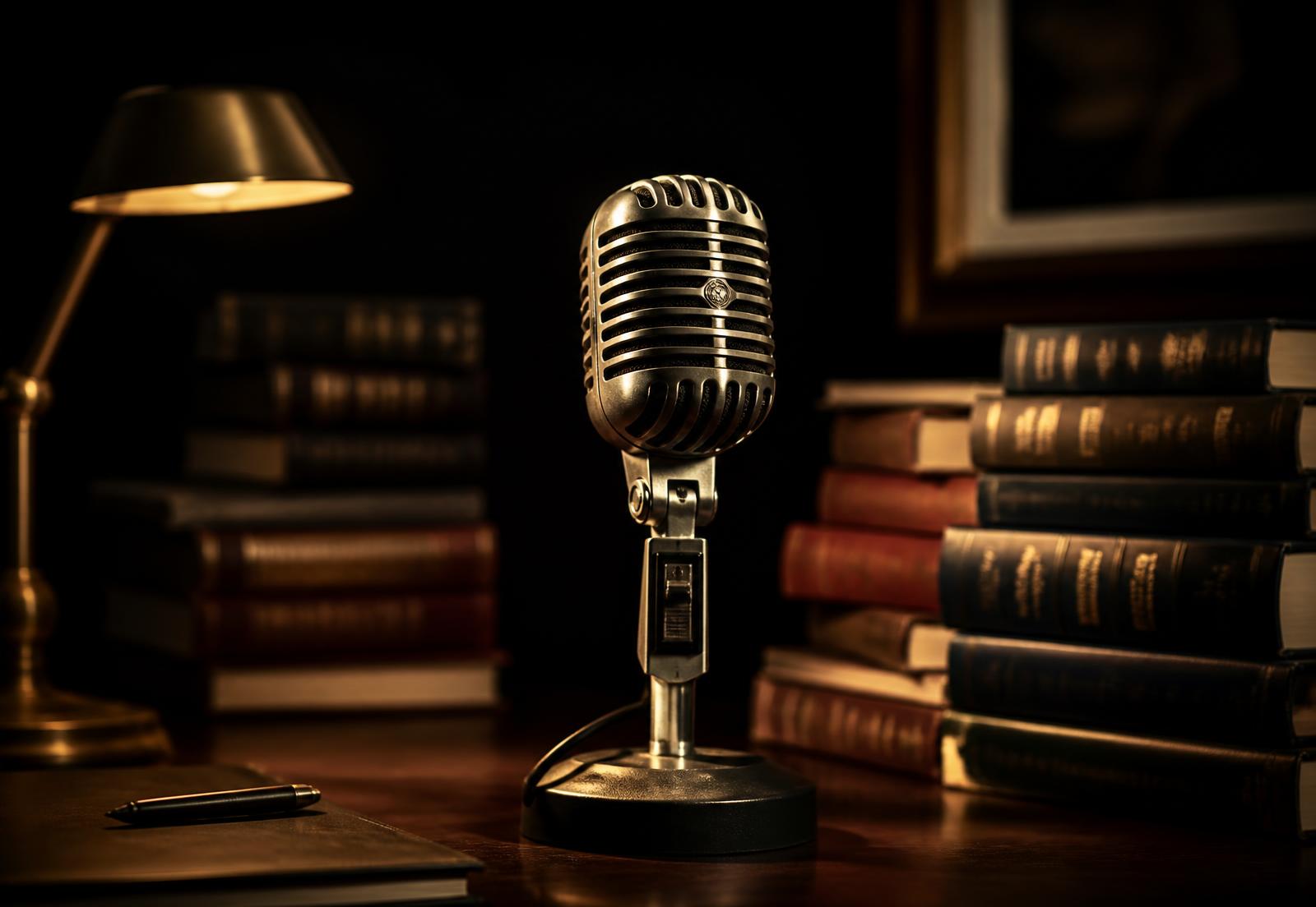 Vintage broadcast microphone on a desk beside stacks of hardcover books